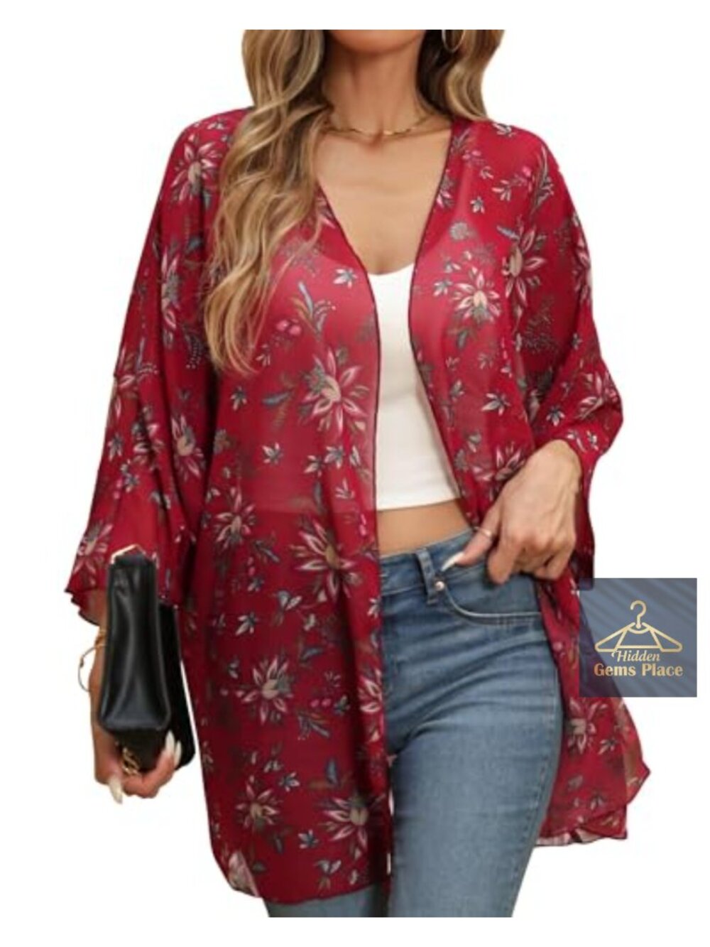 Women's 3/4 Sleeve Kimono Cardigan Floral Chiffon Cover-Up